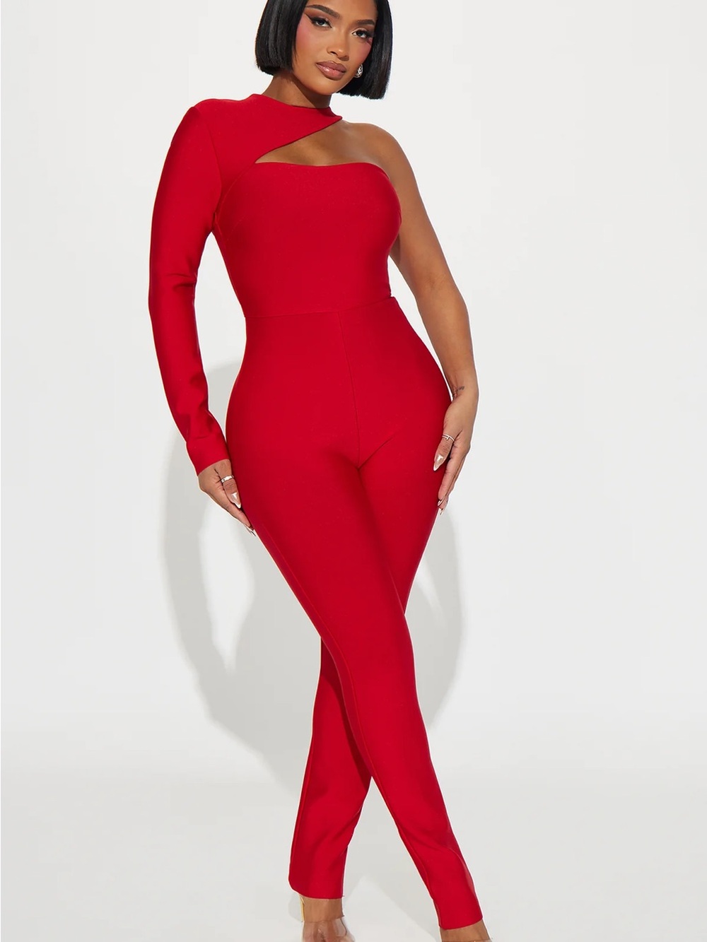 Fashion Nova Red Asymmetric One-Sleeve Jumpsuit